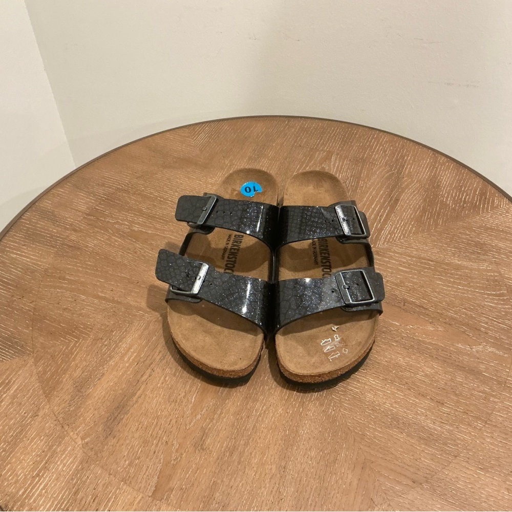 Birkenstock Arizona Double Buckle Sandals Blue Black Glitter Birkoflor Sz 10 NEW - Picture 2 of 4